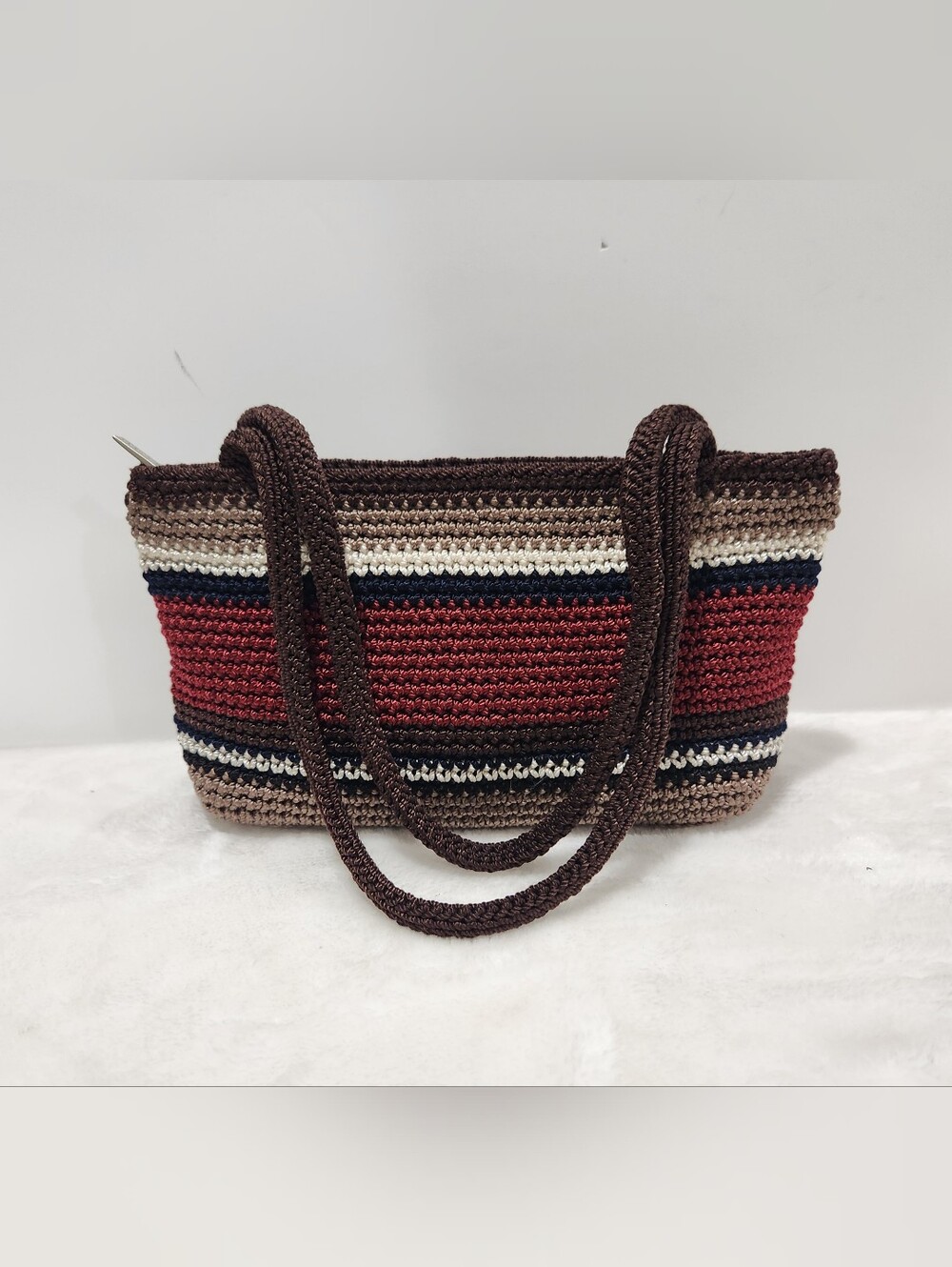 The Sak Striped Tan Brown Navy Blue Burgandy Cream Crochet Shoulder Bag Purse